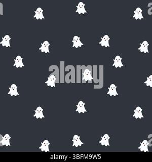 Motif répété de petits fantômes blancs de bande dessinée sur un fond noir, parfait pour les papiers peints, le tissu ou la conception de sites Web d'Halloween. Illustration de Vecteur