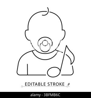 Icône de bébé avec sucette et note de musique dans le style de contour noir minimal sur fond blanc. Vecteur de course modifiable pour berceuse, sommeil de bébé, relaxation Illustration de Vecteur