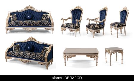 Meubles classiques dans un ensemble séparé isolé sur fond blanc. canapé , fauteuil , table basse Banque D'Images
