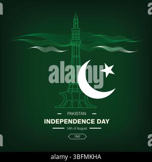 Minar-e-Pakistan étoile et bannière de médias sociaux lune avec fond markhor Illustration de Vecteur