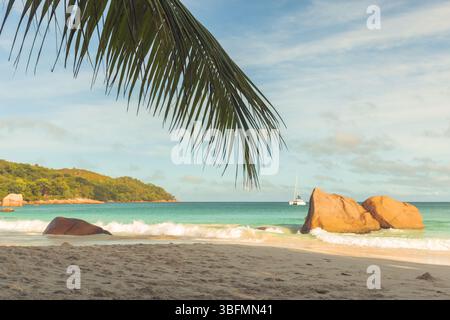 Belle plage tropicale avec des rivages de sable doux, des vagues turquoises, un voilier lointain et une végétation luxuriante abritant sous le ciel bleu calme. Banque D'Images
