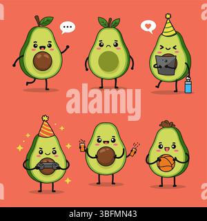 Un vecteur plat de dessin animé fruits comme avocat faisant diverses activités avec des expressions amusantes Illustration de Vecteur