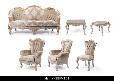 Meubles classiques dans un ensemble séparé isolé sur fond blanc. canapé , fauteuil , table basse Banque D'Images