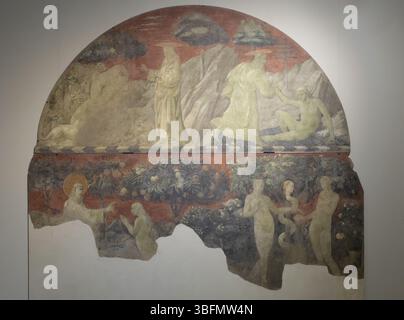 Fresque de Paolo Uccello représentant des scènes de la Genèse : création d'Ève, péché original, et expulsion, c. 1430-1440, Cloître vert, Santa Maria Novella Banque D'Images