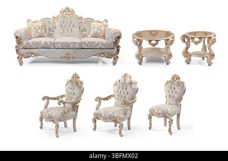 Meubles classiques dans un ensemble séparé isolé sur fond blanc. canapé , fauteuil , table basse Banque D'Images