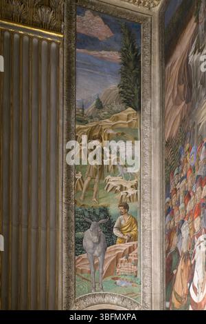 Berger et animaux, détail de la procession de Benozzo Gozzoli du cycle des fresques magi sur le panneau droit de la chapelle des magis, Florence, Italie, Banque D'Images