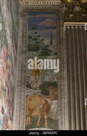 Bergers avec des boeufs et des moutons, détail de la procession de Benozzo Gozzoli du cycle des fresques Mages, panneau droit de la chapelle des Mages, Florence, Italie Banque D'Images