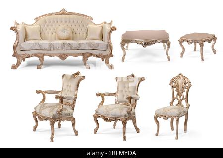 Meubles classiques dans un ensemble séparé isolé sur fond blanc. canapé , fauteuil , table basse Banque D'Images