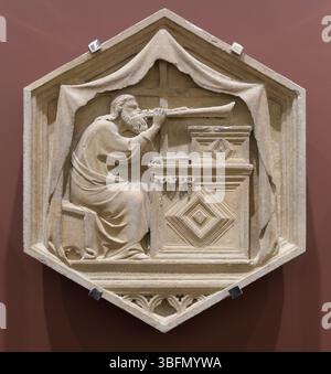 Relief hexagonal de la série inspirée de la Genèse sur le Campanile de la cathédrale de Florence, Florence, Italie Banque D'Images