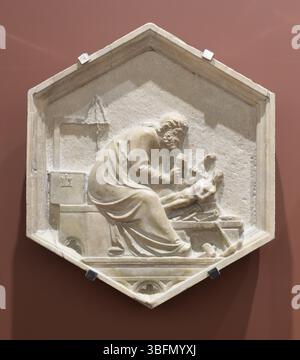Relief hexagonal de la série inspirée de la Genèse sur le Campanile de la cathédrale de Florence, Florence, Italie Banque D'Images
