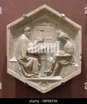 Relief hexagonal de la série inspirée de la Genèse sur le Campanile de la cathédrale de Florence, Florence, Italie Banque D'Images