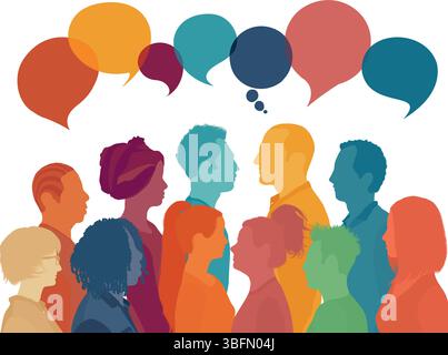Silhouette têtes face au côté d'un groupe de personnes multiculturelles parlant. Bulle de parole. Communication entre les personnes Illustration de Vecteur
