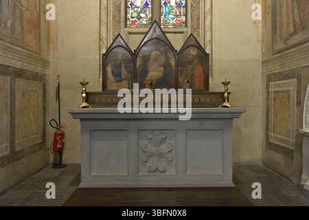 Chapelle Peruzzi dans la basilique Santa Croce, Florence, avec des fresques de Giotto représentant des scènes de la vie de Saint Jean Baptiste et Saint Jean le Banque D'Images
