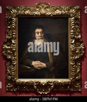 Vieil homme dans un fauteuil, peut-être Jan Amos Comenius, huile sur toile de Rembrandt, 1652, Galerie des Offices, Florence, Italie. Banque D'Images