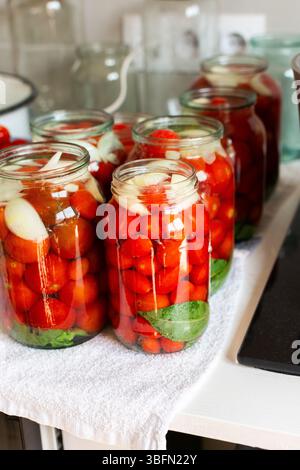 Conservation des tomates fraîches et du jus de tomate pour l'hiver, stocké dans des pots hermétiques pour une utilisation à long terme, table de cuisine avec des pots de tomates préparés Banque D'Images