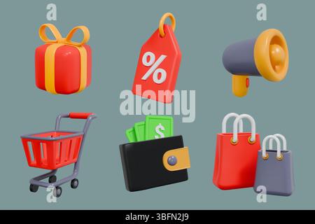 eléments de magasin 3d. Achats en ligne. Commerce de détail d'épicerie alimentaire. Panier et chariot de supermarché. Sac cadeau. Acheter le produit. Offre du magasin. Mégaphone de vente d'entreprise. Étiquette de réduction. Argent de portefeuille. Jeu d'icônes de rendu vectoriel Illustration de Vecteur