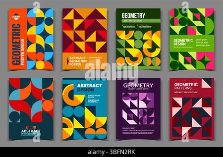 Affiche géométrique. Bannières de différentes couleurs. Formes graphiques éléments minimaux, fond contemporain, couverture verticale moderne. Géométrie cercles, triangles et cubes. Ensemble d'illustration vectorielle Bauhaus Illustration de Vecteur