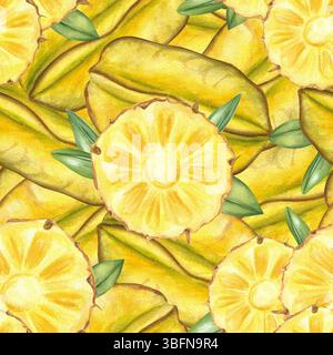 Motif aquarelle sans couture de tranches d'ananas rondes superposées sur des étoiles de fruits dans des tons jaunes riches. Peint à la main tropical dense orné Banque D'Images