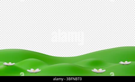 Herbe verte de dessin animé 3D avec des fleurs blanches. Scène de nature estivale mignonne. Une scène 3D vectorielle vibrante mettant en valeur un champ vert minimaliste avec des marguerites. 3D VE Illustration de Vecteur