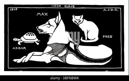 Reproduction fidèle du portrait de groupe animalier de Julie de Graag en 1916. Œuvres d'art du domaine public du Rijksmuseum. Haute résolution pour tirages, décor, éditorial. D Banque D'Images