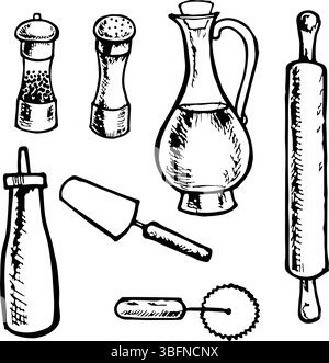 Un ensemble d'outils et d'ingrédients pour faire de la pizza. Sel, poivre, huile, rouleau à pâtisserie, couteau, spatule, ketchup. Graphiques vectoriels, noir et blanc Illustration de Vecteur