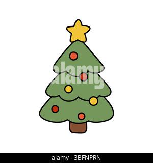 Illustration vectorielle festive d'un arbre de Noël décoré avec un topper d'étoile et des ornements colorés. Parfait pour les cartes de vacances, les motifs saisonniers et Illustration de Vecteur