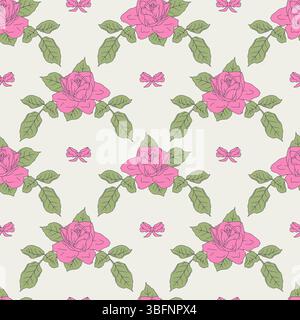Vintage line art rose bouquets et noeuds d'arc fantaisie motif sans couture avec fond blanc. Fond de répétition romantique de composition florale Illustration de Vecteur