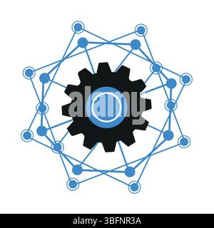 Icône d'engrenage et de nœuds de réseau – conception de symbole de mécanisme d'ingénierie Blue Tech Illustration de Vecteur