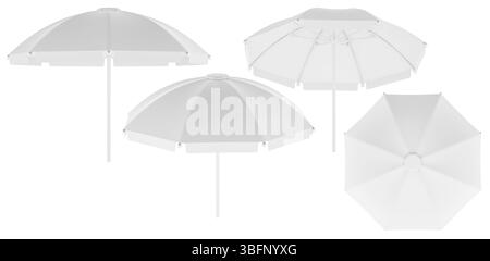 Parasol de plage vierge à angles multiples. Rendu 3D isolé sur fond blanc Banque D'Images