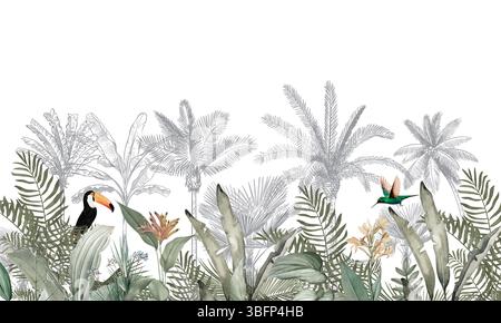 Fond d'écran tropical Jungle : Toucan et colibri au milieu des feuilles vertes luxuriantes et des palmiers Banque D'Images