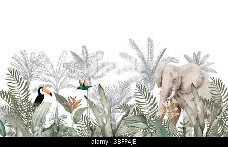Fond d'écran Safari à tons froids : éléphant, zèbre et toucan dans le paysage de la jungle grise Banque D'Images