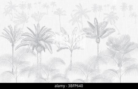 Fond d'écran tropical Modern Grayscale - Art mural Botanique et palmier monochromatique Banque D'Images
