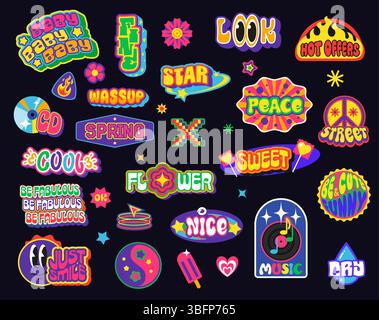 Y2K rétro funky groovy autocollants patch étiquettes de formes géométriques abstraites vectorielles avec emoji sourire cool, coeurs tendance des années 90, étoiles et fleurs. Symboles de paix hippie rétro, bonbons de l'an 2000 et autocollants de feu Illustration de Vecteur