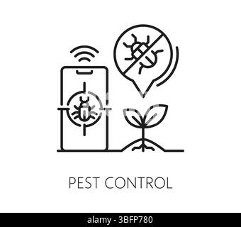 Icône de ferme intelligente, technologie de robot agricole pour la lutte antiparasitaire, symbole de ligne vectorielle. Icône de ferme intelligente de lutte antiparasitaire pour les plantes de récolte des agriculteurs, l'agronomie et l'agriculture agraire avec automatisation numérique Illustration de Vecteur