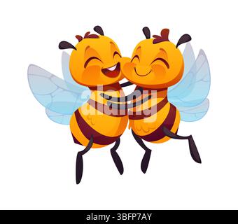 Voler et embrasser les abeilles de miel personnages de dessins animés heureux. Guêpe insectes personnages vecteurs drôles, insectes abeilles miel mascottes mignonnes. Amis bourdons de jardin personnages joyeux ou bébé abeille heureux personnage Illustration de Vecteur