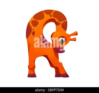 Lettre R Kids alphabet animal comme personnage de girafe de dessin animé avec des taches brunes et un cou incurvé. Police drôle de mascotte zoo, police de caractères anglaise pour enfants, . mignon abc type pour enfants jeu d'apprentissage de vocabulaire Illustration de Vecteur