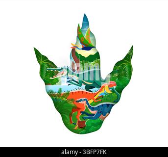 Empreinte de dinosaure coupé en papier avec lézards jurassiques et reptiles préhistoriques, affiche vectorielle. Cadre d'empreinte de dinosaure avec des personnages de dinosaure dans la forêt de jungle pour l'encyclopédie des enfants ou l'atlas de paléontologie Illustration de Vecteur