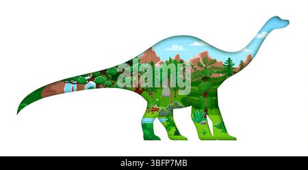 Silhouette découpée en papier de dinosaure avec paysage d'ère préhistorique de la jungle jurassique, vecteur de bande dessinée. Paysage préhistorique avec des arbres, vallée de montagne et cascade dans la silhouette de dinosaure lézard coupé en papier Illustration de Vecteur