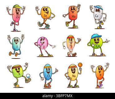 Caricature groovy vitamine et caractères micronutriments des pilules et capsules rétro hippie. Mignon vecteur de complément alimentaire psychédélique personnages de caractères groovy de pilule de vitamine de zinc, de calcium et de magnésium Illustration de Vecteur