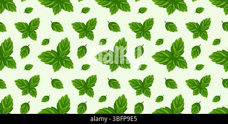 Motif à base de plantes sans couture avec des grappes de feuilles de menthe sur fond vert clair. Style vectoriel de dessin animé Illustration de Vecteur