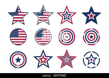 Une collection de symboles patriotiques icônes de drapeau des États-Unis présente des étoiles rouges, blanches et bleues et des cercles sur fond blanc. Illustration de Vecteur