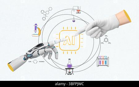 Doigts de robot et de médecin touchant à l'icône de l'IA, innovation technologique dans les soins de santé, concept de laboratoire de recherche en IA, collage d'art moderne Banque D'Images