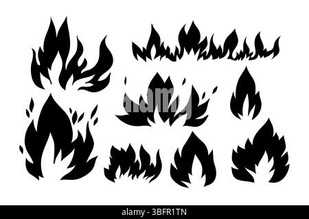 Illustration vectorielle présentant une collection de formes abstraites de flammes noires dans diverses formes dynamiques. Silhouettes de feu audacieuses isolées sur un backgrou blanc Illustration de Vecteur