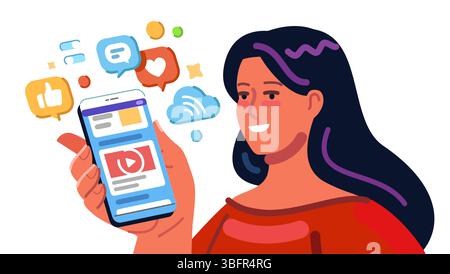 Jeune femme souriante interagissant avec un smartphone. Réseaux sociaux, chat, vidéo, actualités, médias, web mobile Illustration de Vecteur