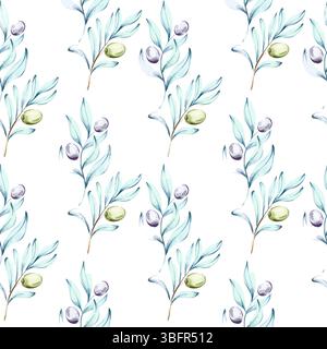 Branches d'olivier et huile d'olive modèle sans couture une série d'illustrations aquarelle célébrant la beauté de la nature de la cuisine italienne et la nourriture parfaite pour Illustration de Vecteur