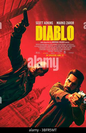 Diablo (2025) réalisé par Ernesto Díaz Espinoza avec Scott Adkins, Marko Zaror et Lucho Velasco. Kris Chaney, un ex-détenu récemment libéré, se lance dans une mission périlleuse quand il enlève Elisa, la fille d'un puissant gangster, les mettant en danger d'un tueur psychopathique cherchant à se venger. Affiche avancée AMÉRICAINE UNIQUEMENT POUR USAGE ÉDITORIAL. Crédit : BFA / XYZ Films12 Banque D'Images
