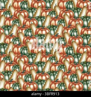 Motif sans couture avec citrouilles vertes, jaunes, oranges et vertes. Illustration d'aquarelle faite à la main. Image couleur. Pour l'emballage, la décoration, les textiles Banque D'Images