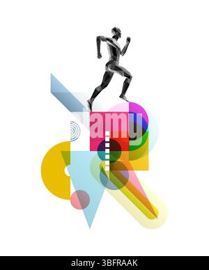 Composition artistique. Coureur ou coureur de marathon. Modèle de corps humain 3D. Design pour le sport. Fond géométrique de transparence. Modèle de conception de couverture pour Illustration de Vecteur