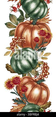 Bordure d'automne sans couture avec des citrouilles et des éléments floraux. Illustrations d'aquarelle faites à la main dans les couleurs jaune et orange. Pour l'emballage, les textiles Banque D'Images