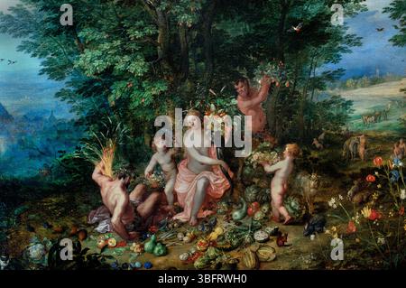 Terre, 1610, par, Jan Brueghel l'ancien ,(1568-1625), flamand, belge, Belgique, Paris, Louvre, ('Terre', une peinture créée en 1610 par Jan Brueghel l'ancien, fait partie de sa série 'allégorie des quatre éléments'. Cette peinture, également connue sous le nom de « allégorie de la Terre », représente un paysage luxuriant et abondant rempli de faune et de flore diverses. C'est un excellent exemple de l'habileté de Jan Brueghel l'ancien à décrire les détails naturalistes et sa transition du maniérisme au style baroque . Banque D'Images